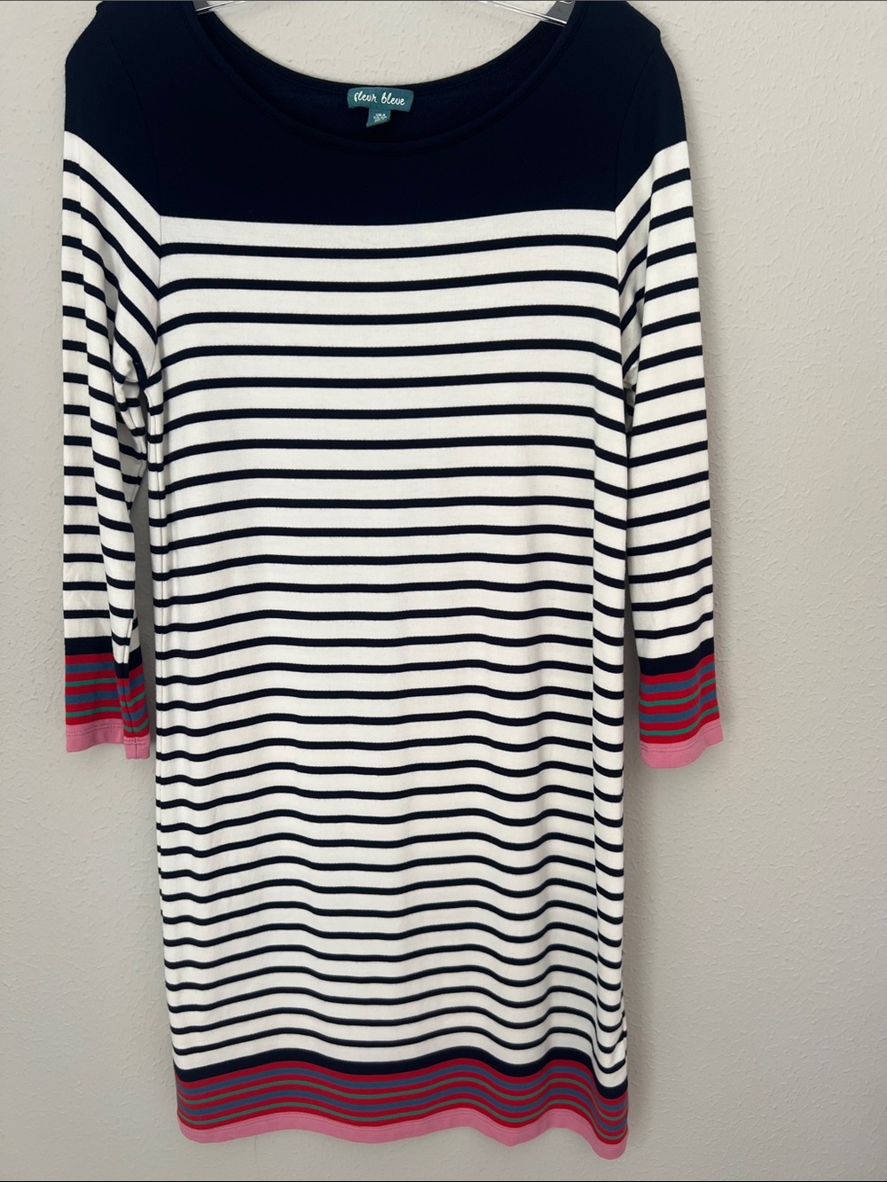 Fleur Bleue Navy, White & Pink Striped Long Sleeve Dress